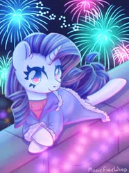 Size: 1280x1720 | Tagged: safe, artist:wavecipher, rarity, pony, unicorn, g4, clothes, coat, cute, ear fluff, female, fireworks, lights, looking at you, mare, new year, night, prone, raribetes, solo, sweater