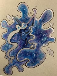 Size: 1536x2048 | Tagged: safe, artist:greyscaleart, princess luna, alicorn, pony, g4, bust, constellation, constellation freckles, constellation hair, ethereal mane, female, floppy ears, freckles, frown, lidded eyes, looking at you, mare, solo, starry mane, traditional art
