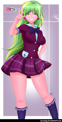 Size: 717x1402 | Tagged: safe, artist:clouddg, lemon zest, equestria girls, g4, my little pony equestria girls: friendship games, bowtie, breasts, busty lemon zest, clothes, crystal prep academy uniform, cute, female, grin, hand on hip, headphones, legs, looking at you, miniskirt, multiple variants, plaid skirt, pleated skirt, school uniform, sexy, skirt, smiling, socks, solo, thighs, waving