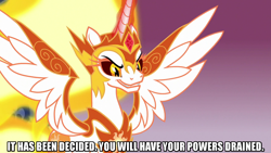 Size: 1280x720 | Tagged: safe, edit, edited screencap, screencap, daybreaker, alicorn, pony, a royal problem, g4, caption, female, image macro, mane of fire, meme, spread wings, text, wings