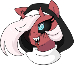 Size: 1089x957 | Tagged: safe, artist:notenoughapples, oc, oc only, oc:mother pravum, demon, earth pony, pony, black sclera, female, horns, makeup, mare, nun, running makeup, sharp teeth, simple background, solo, teeth, transparent background