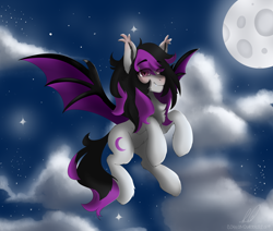 Size: 2600x2200 | Tagged: safe, artist:cottonsweets, oc, oc only, oc:dm||sm, bat pony, pony, chest fluff, eye clipping through hair, fluffy, flying, high res, moon, night, original character do not steal, smiling, solo, spread wings, wings