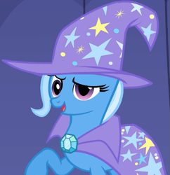Size: 657x680 | Tagged: safe, screencap, trixie, pony, unicorn, boast busters, g4, cape, clothes, cropped, female, hat, mare, meme, open mouth, raised hoof, smiling, solo, trixie's cape, trixie's hat