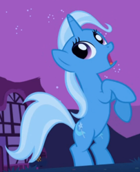 Size: 400x492 | Tagged: safe, screencap, trixie, pony, unicorn, boast busters, g4, alternative cutie mark placement, bipedal, cropped, female, inner thigh cutie mark, mare, open mouth, raised hoof, solo