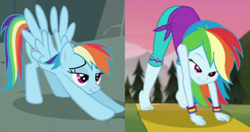 Size: 964x510 | Tagged: safe, edit, screencap, rainbow dash, pegasus, pony, equestria girls, g4, may the best pet win, my little pony equestria girls: choose your own ending, wake up!, wake up!: rainbow dash, barefoot, cropped, face, feet, iwtcird, legs, meme, stretching, yoga