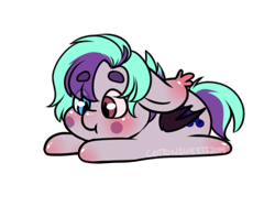 Size: 398x314 | Tagged: safe, artist:cottonsweets, part of a set, oc, oc only, oc:blueberrymoon, bat pony, pony, bean ych, blushing, chibi, cute, eye clipping through hair, female, lying down, mare, simple background, solo, transparent background, ych result