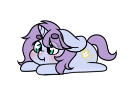 Size: 398x314 | Tagged: safe, artist:cottonsweets, part of a set, oc, oc only, oc:swirly daze, pony, unicorn, :t, bean ych, blushing, chibi, cute, eye clipping through hair, lying down, simple background, solo, transparent background, ych result