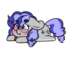 Size: 398x314 | Tagged: safe, artist:cottonsweets, part of a set, oc, oc only, oc:cinnabyte, earth pony, pony, :t, bean ych, blushing, chibi, cinnabetes, cute, earth pony oc, eye clipping through hair, glasses, lying down, purple, simple background, solo, transparent background, ych result