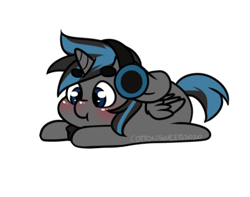 Size: 398x314 | Tagged: safe, artist:cottonsweets, part of a set, oc, oc only, oc:poneblaze, alicorn, pony, :t, bean ych, chibi, headphones, lying down, simple background, solo, transparent background, ych result