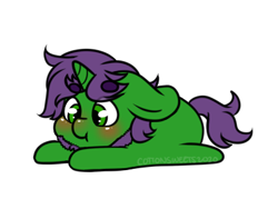 Size: 398x314 | Tagged: safe, artist:cottonsweets, part of a set, oc, oc only, pony, unicorn, :t, beard, blushing, chibi, cute, eye clipping through hair, facial hair, green, lying down, purple, simple background, solo, transparent background, ych result