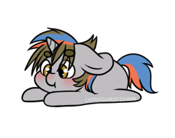 Size: 398x314 | Tagged: safe, artist:cottonsweets, part of a set, oc, oc only, pony, unicorn, :t, bean ych, blushing, chibi, cute, eye clipping through hair, lying down, simple background, solo, transparent background, ych result