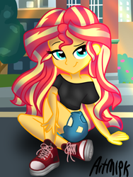 Size: 1536x2048 | Tagged: safe, artist:artmlpk, sunset shimmer, equestria girls, g4, alternate clothes, bare shoulders, casual, clothes, converse, cute, denim shorts, design, female, house, looking at you, raised eyebrow, road, shimmerbetes, shirt, shoes, sidewalk, sitting, smiling, smiling at you, smirk, sneakers, solo, tomboy, tree