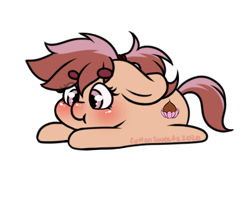 Size: 398x314 | Tagged: safe, artist:cottonsweets, part of a set, oc, oc only, earth pony, pony, :t, bean ych, blushing, chibi, cute, eye clipping through hair, lying down, pink, ponytail, simple background, solo, transparent background, ych result