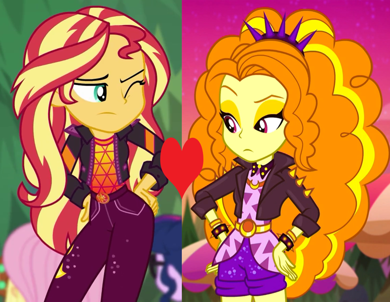 2241624 - safe, edit, edited screencap, screencap, adagio dazzle, sunset  shimmer, equestria girls, equestria girls series, sunset&#39;s backstage pass!,  spoiler:eqg series (season 2), bracelet, female, heart, jewelry, lesbian,  music festival outfit, shipping,