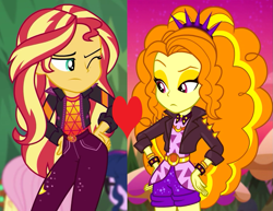 Size: 1139x881 | Tagged: safe, edit, edited screencap, screencap, adagio dazzle, sunset shimmer, equestria girls, equestria girls specials, g4, my little pony equestria girls: better together, my little pony equestria girls: sunset's backstage pass, bracelet, female, heart, jewelry, lesbian, music festival outfit, ship:sunsagio, shipping, shipping domino, spiked wristband, wristband