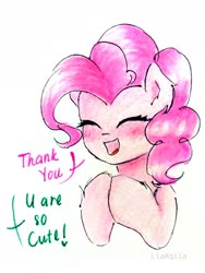 Size: 2005x2673 | Tagged: safe, artist:liaaqila, part of a set, pinkie pie, earth pony, pony, blushing, bust, cute, dialogue, diapinkes, eyes closed, female, simple background, smiling, solo, traditional art