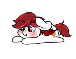 Size: 398x314 | Tagged: safe, artist:cottonsweets, part of a set, oc, oc only, bat pony, pony, :t, bean ych, blushing, chibi, cute, eye clipping through hair, fire, lying down, red, simple background, solo, transparent background, white, ych result