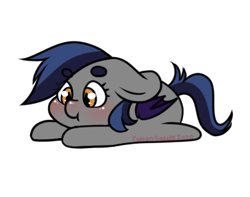 Size: 398x314 | Tagged: safe, artist:cottonsweets, part of a set, oc, oc only, oc:echo, bat pony, pony, bean ych, blushing, chibi, cute, eye clipping through hair, lying down, simple background, solo, transparent background, ych result