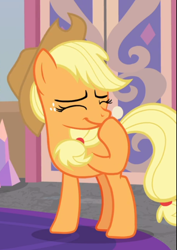Size: 598x846 | Tagged: safe, screencap, applejack, earth pony, pony, g4, the mean 6, amused, applejack is best facemaker, applejack's hat, cowboy hat, cropped, cute, eyes closed, female, freckles, giggling, hat, jackabetes, mare, raised hoof, solo