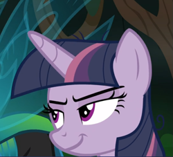 Size: 707x643 | Tagged: safe, screencap, mean twilight sparkle, pony, g4, the mean 6, cropped, female, lidded eyes, offscreen character, smiling, smirk, smug, solo