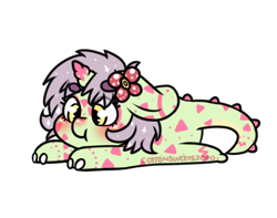 Size: 398x314 | Tagged: safe, artist:cottonsweets, part of a set, oc, oc only, pony, unicorn, bean pony, bean ych, blushing, cute, dinopone, eye clipping through hair, flower, flower in hair, green, pink, simple background, solo, transparent background, ych result