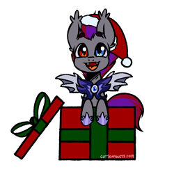 Size: 700x700 | Tagged: safe, artist:cottonsweets, part of a set, bat pony, pony, christmas, commission, cute, hat, heterochromia, holiday, present, santa hat, simple background, solo, transparent background, ych result