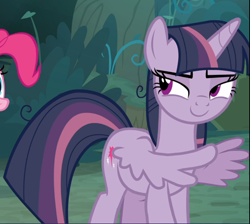 Size: 1044x936 | Tagged: safe, screencap, mean twilight sparkle, pinkie pie, g4, the mean 6, cropped, female, lidded eyes, offscreen character, smiling, solo focus