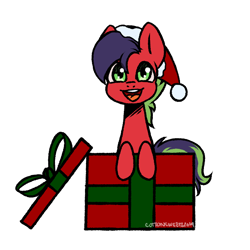 Size: 700x700 | Tagged: safe, artist:cottonsweets, part of a set, oc, oc only, earth pony, pony, christmas, commission, cute, green, hat, holiday, present, red, santa hat, simple background, solo, transparent background, ych result
