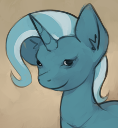 Size: 686x742 | Tagged: safe, artist:marsminer, trixie, pony, unicorn, g4, cursed image, ear fluff, faic, female, hoers, mare, selective realism, small eyes, smiling, solo, wat