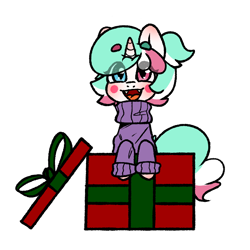 Size: 700x700 | Tagged: safe, artist:cottonsweets, oc, oc only, oc:cottonsweets, candy pony, cat, cat pony, food pony, original species, pony, unicorn, bubblegum, clothes, commission, cute, eye clipping through hair, food, gum, marshmallow, present, simple background, solo, sweater, transparent background, your character here
