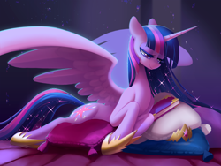 Size: 4400x3300 | Tagged: safe, artist:dawnfire, twilight sparkle, alicorn, pony, g4, the last problem, book, crepuscular rays, crown, cutie mark, dust motes, ethereal mane, female, high res, hoof shoes, jewelry, lidded eyes, mare, pillow, princess twilight 2.0, prone, regalia, smiling, solo, sparkles, spread wings, starry mane, tiara, twilight sparkle (alicorn), wings