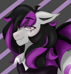 Size: 2000x2100 | Tagged: safe, artist:cottonsweets, oc, oc only, oc:darkmoon, bat pony, pony, bust, clothes, high res, original character do not steal, portrait, purple, scar, smiling, solo