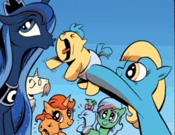 Size: 395x307 | Tagged: safe, artist:andypriceart, idw, official comic, kibitz, princess luna, earth pony, pony, unicorn, g4, spoiler:comic, baby, baby kissing, baby pony, background pony, cropped, diaper, female, imminent kissing, mare, puckered lips, unnamed character, unnamed pony