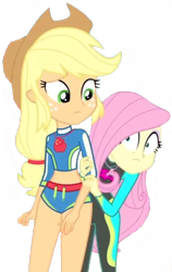 Size: 2048x3243 | Tagged: safe, edit, edited screencap, editor:lonely fanboy48, screencap, applejack, fluttershy, equestria girls, equestria girls specials, g4, my little pony equestria girls: better together, my little pony equestria girls: forgotten friendship, applejack's beach shorts swimsuit, background removed, belly button, clothes, duo, female, fluttershy's wetsuit, geode of empathy, geode of super strength, hat, high res, magical geodes, not a vector, protecting, scared, shrunken pupils, simple background, swimsuit, transparent background, wetsuit