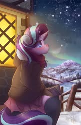 Size: 2650x4096 | Tagged: safe, artist:ardail, starlight glimmer, unicorn, anthro, aurora borealis, blushing, book, breath, clothes, cute, eye clipping through hair, featured image, female, fence, glim, glim glam, glimmerbetes, glimmy, high res, jacket, mare, miniskirt, mountain, night, pleated skirt, profile, scarf, sitting, skirt, sky, snow, snowfall, socks, solo, sweet dreams fuel, thigh highs, winter, winter coat, zettai ryouiki
