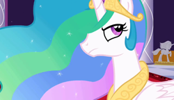 Size: 1280x738 | Tagged: safe, screencap, princess celestia, alicorn, pony, g4, the return of harmony, angry, beautiful, canterlot castle, celestia is not amused, crown, ethereal mane, female, flowing mane, folded wings, jewelry, listening, looking up, mare, multicolored mane, necklace, pillar, purple eyes, regalia, serious, solo, statue, throne room, unamused