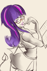 Size: 1000x1500 | Tagged: safe, artist:gguy123, twilight sparkle, human, g4, book, clothes, female, glasses, humanized, licking, licking fingers, lipstick, looking at you, miniskirt, side slit, skirt, solo, tailed humanization, total sideslit, twilight sparkle (alicorn), twilight's professional glasses, winged humanization, wings