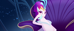 Size: 1920x804 | Tagged: safe, screencap, queen novo, seapony (g4), g4, my little pony: the movie, annoyed, crown, eyeshadow, female, fins, hand on cheek, jewelry, lidded eyes, makeup, queen novo is not amused, raised eyebrow, regalia, seriously, solo, throne, underwater