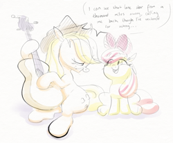 Size: 1517x1253 | Tagged: safe, artist:hattsy, apple bloom, applejack, earth pony, pony, g4, acoustic guitar, apple bloom's bow, apple sisters, applejack's hat, bow, cowboy hat, duo, eye contact, female, filly, hair bow, hat, hoof hold, lidded eyes, looking at each other, mare, musical instrument, open mouth, siblings, singing, sisters, sitting, smiling, speech bubble