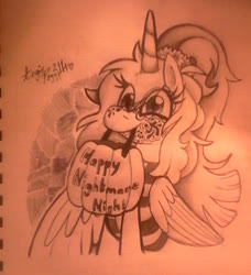 Size: 902x988 | Tagged: safe, artist:angiepeggy2114, oc, oc only, alicorn, pony, alicorn oc, clothes, costume, eye clipping through hair, face paint, female, halloween, halloween costume, holiday, horn, mare, monochrome, mouth hold, pumpkin bucket, solo, traditional art