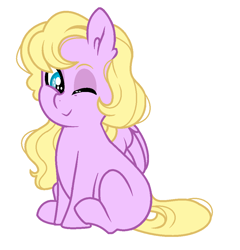 Size: 952x992 | Tagged: safe, artist:rosebuddity, oc, oc only, oc:valentine pie, pegasus, pony, female, filly, magical lesbian spawn, offspring, one eye closed, parent:derpy hooves, parent:pinkie pie, parents:derpypie, simple background, solo, white background, wink
