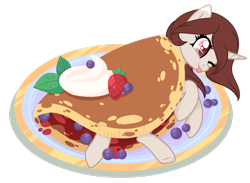Size: 1175x859 | Tagged: safe, artist:ipandacakes, oc, oc only, oc:pancake, pony, unicorn, :p, base used, blueberry, colored pupils, cute, female, food, heart eyes, horse meat, lying down, mare, meat, ocbetes, on side, one eye closed, pancakes, person as food, ponies in food, simple background, smiling, solo, tongue out, transparent background, underhoof, whipped cream, wingding eyes, wink