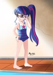 Size: 1600x2264 | Tagged: safe, artist:love2eategg, sci-twi, twilight sparkle, human, equestria girls, g4, barefoot, child, clothes, cute, feet, female, glasses, hand on hip, human coloration, humanized, one-piece swimsuit, ponytail, solo, swimsuit, twiabetes, young, younger