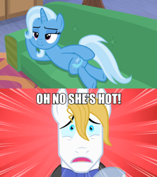 Size: 1280x1440 | Tagged: safe, edit, edited screencap, screencap, prince blueblood, trixie, g4, road to friendship, the best night ever, caption, comparison, couch, draw me like one of your french girls, female, image macro, male, meme, oh no he's hot, on side, ship:bluetrix, shipping, shipping domino, smiling, spongebob squarepants, squilliam returns, straight, stupid sexy trixie, text
