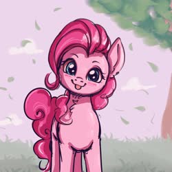 Size: 4000x4000 | Tagged: safe, artist:miokomata, pinkie pie, earth pony, pony, g4, :p, absurd resolution, blushing, chest fluff, female, head tilt, looking at you, mare, smiling, solo, tongue out, tree