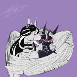 Size: 1000x1000 | Tagged: safe, artist:ohflaming-rainbow, oc, oc only, oc:alex moon, oc:silver raven, pegasus, pony, unicorn, female, kissing, lesbian, mare, purple background, simple background