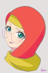 Size: 583x889 | Tagged: safe, artist:tehwatever, derpibooru exclusive, desert flower, human, g4, anime style, bust, clip studio paint, clothes, digital art, glasses, hijab, humanized, looking at you, scarf, signature, simple background, solo, somnambula resident