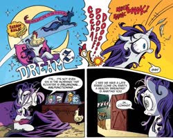 Size: 910x733 | Tagged: safe, artist:andy price, idw, official comic, applejack, opalescence, princess luna, rarity, spike, wheat grass, bird, chicken, pony, unicorn, g4, micro-series #3, my little pony micro-series, spoiler:comic, bed mane, bloodshot eyes, camisole, chicken on your head, clothes, cock-a-doodle-doo, comic, cropped, dream walker luna, female, framed picture, hippie, hush now quiet now, mare, messy mane, morning, morning ponies, nightgown, nightstand, onomatopoeia, rooster, sleeping, sound effects, startled, waking up, z, zzz