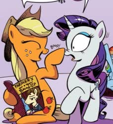 Size: 355x390 | Tagged: safe, artist:andypriceart, idw, official comic, applejack, rainbow dash, rarity, earth pony, pony, unicorn, g4, spoiler:comic, boop, cropped, cute, duo, eyes closed, female, mare, wide eyes