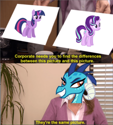 Size: 640x709 | Tagged: safe, princess ember, starlight glimmer, twilight sparkle, alicorn, pony, g4, exploitable meme, face-blindness, meme, pony-blind ember, prosopagnosia, text, the office, they're the same picture, twilight sparkle (alicorn)